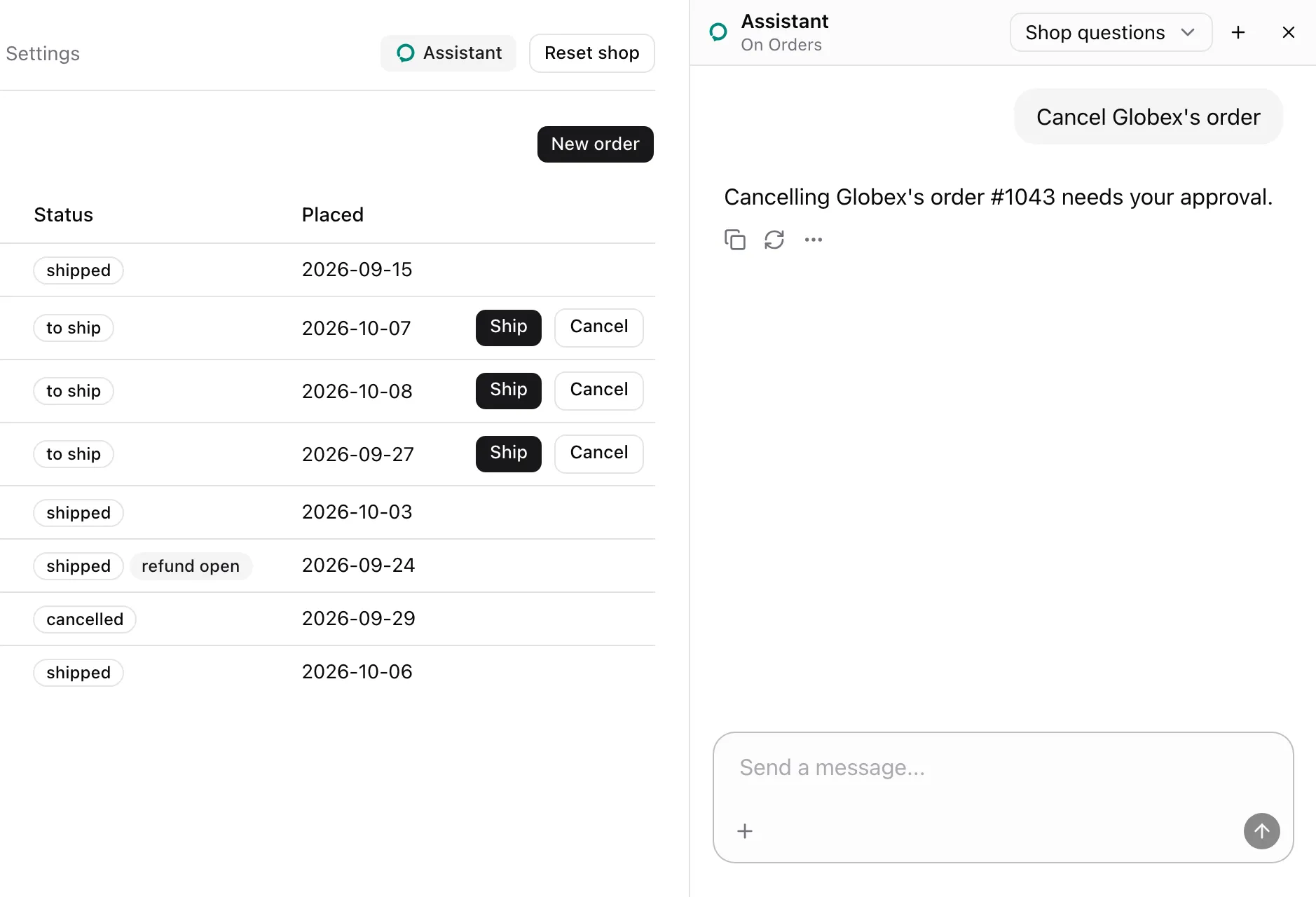 The same view after Deny: the card is gone and order 1043 still waits to ship with its Ship and Cancel buttons.