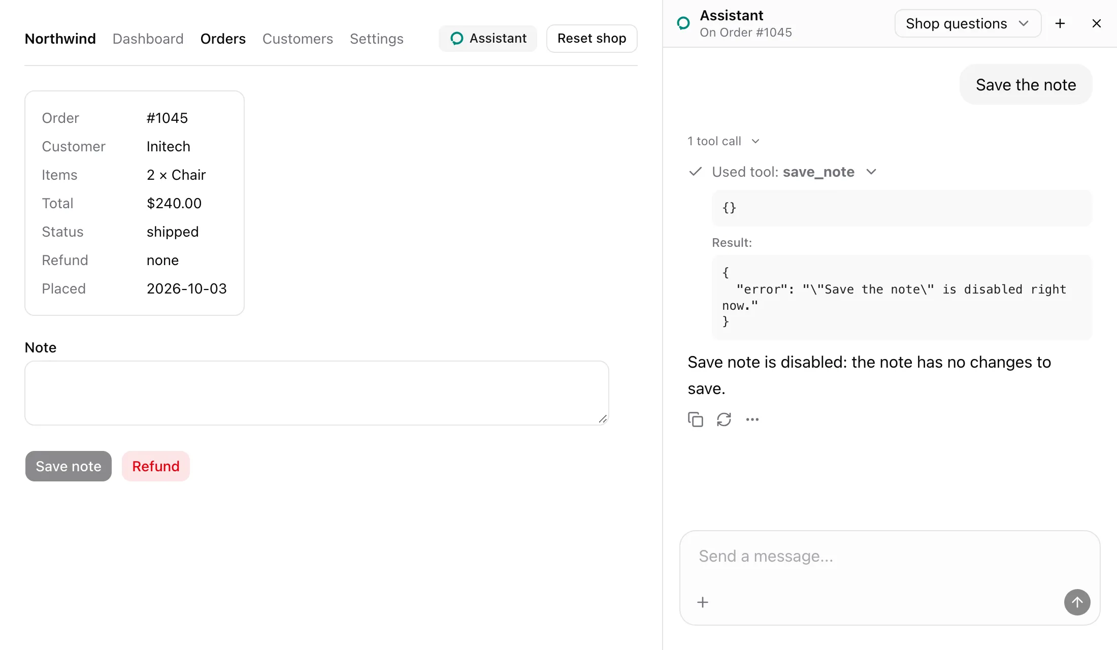 Order #1045 with Save note disabled. The expanded save_note call answers with an error saying Save the note is disabled right now.