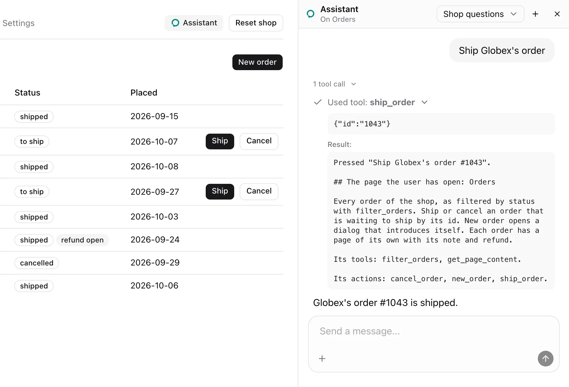 Orders beside the sheet panel. The user asked to ship Globex's order; the expanded ship_order call answers Pressed Ship Globex's order #1043 with the Orders note, and the third row now reads shipped.