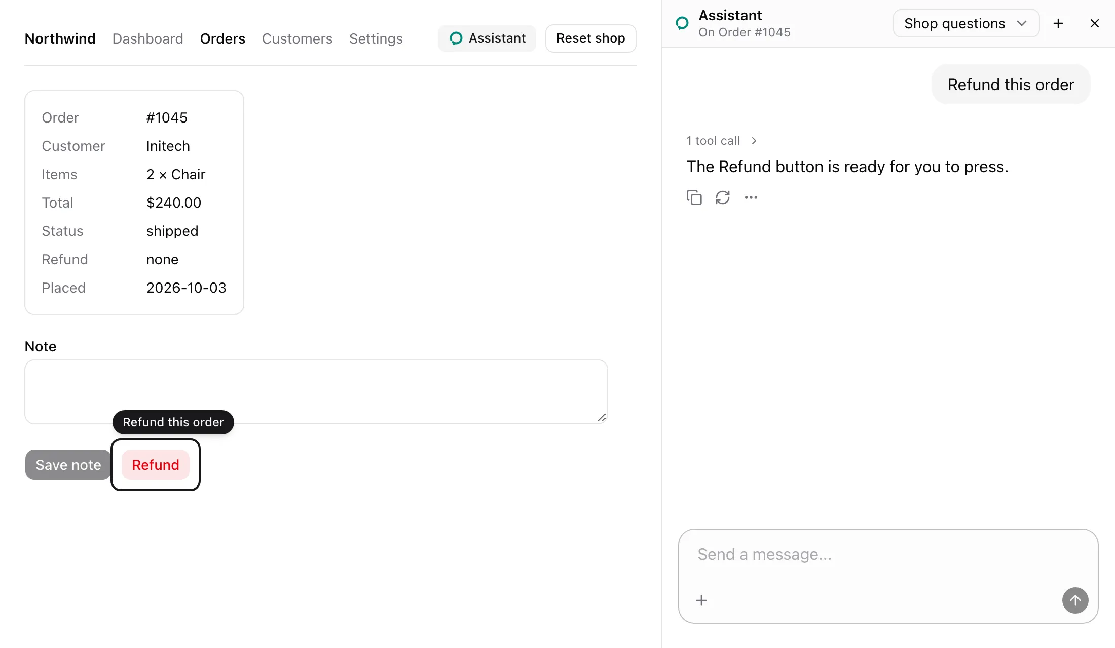 Order #1045 with a ring around the Refund button and the label Refund this order above it. The panel says the Refund button is ready for the user.