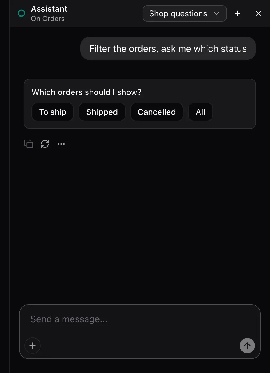The sheet panel on Orders. A card asks Which orders should I show? with To ship, Shipped, Cancelled and All.