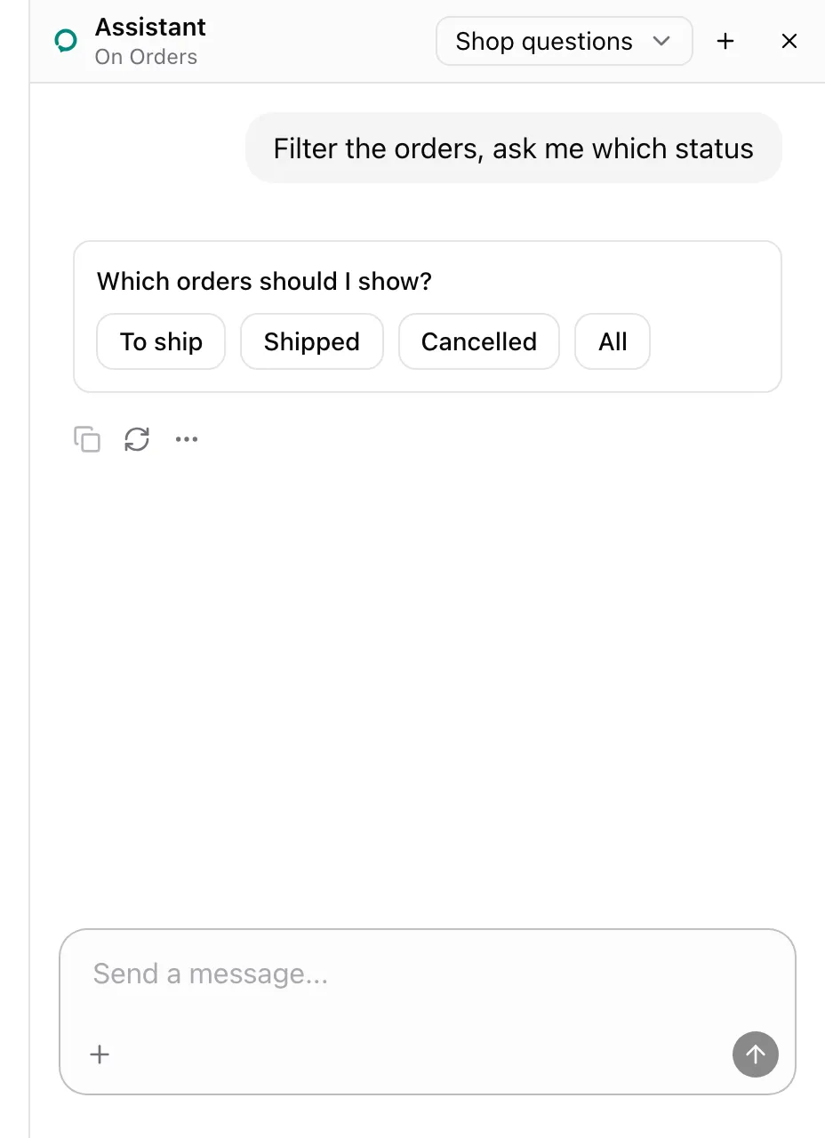 The sheet panel on Orders. A card asks Which orders should I show? with To ship, Shipped, Cancelled and All.