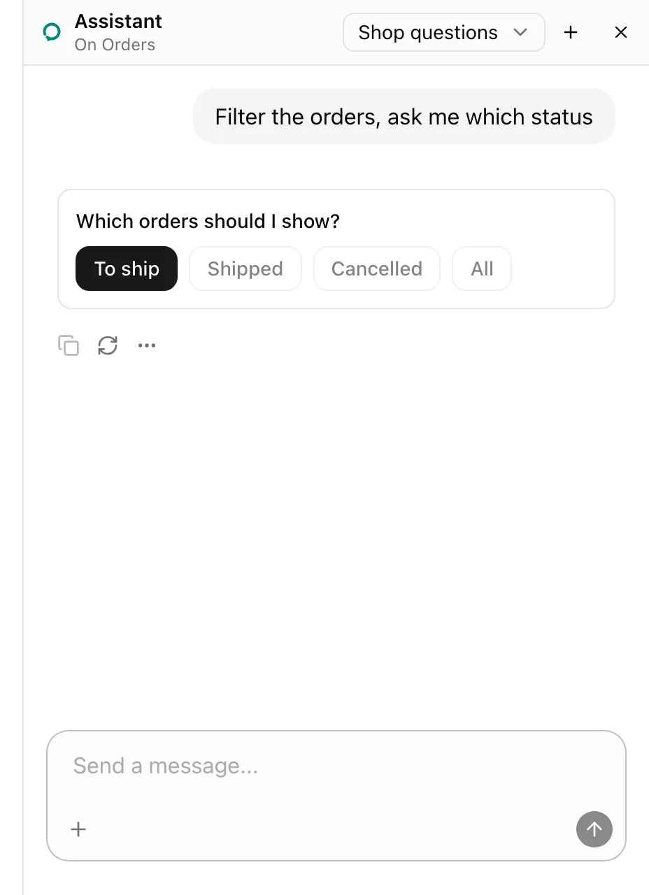 The same card after the user picked To ship: To ship is filled and every button is disabled.