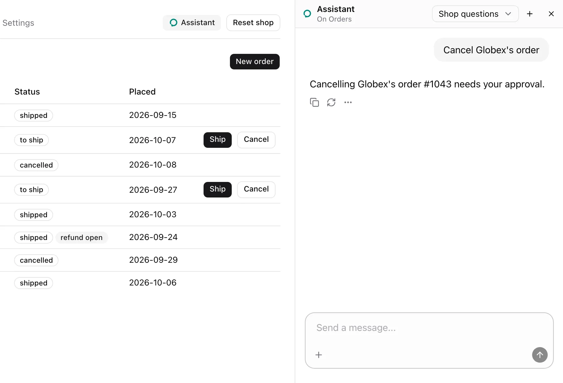 After Approve: the card is gone and order 1043 reads cancelled.