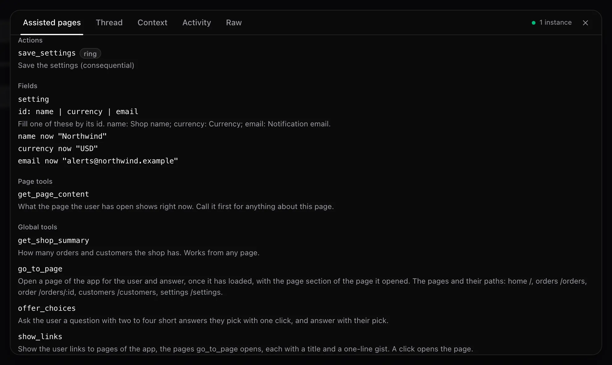 The Assisted pages tab on Settings, scrolled to Actions and Fields: save_settings with a ring chip, the setting field tool with its ids and what each field says now, then the page and global tools.