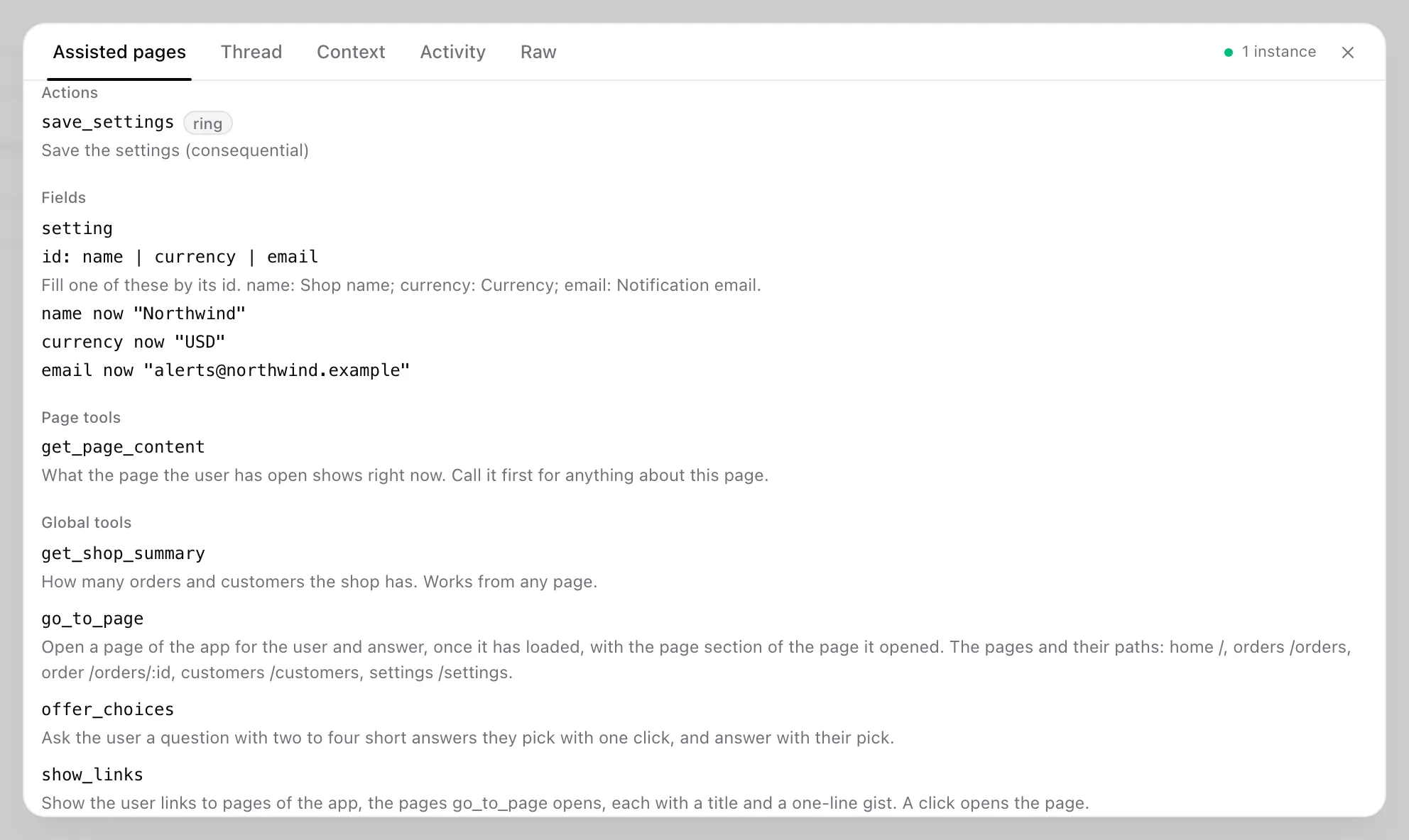 The Assisted pages tab on Settings, scrolled to Actions and Fields: save_settings with a ring chip, the setting field tool with its ids and what each field says now, then the page and global tools.