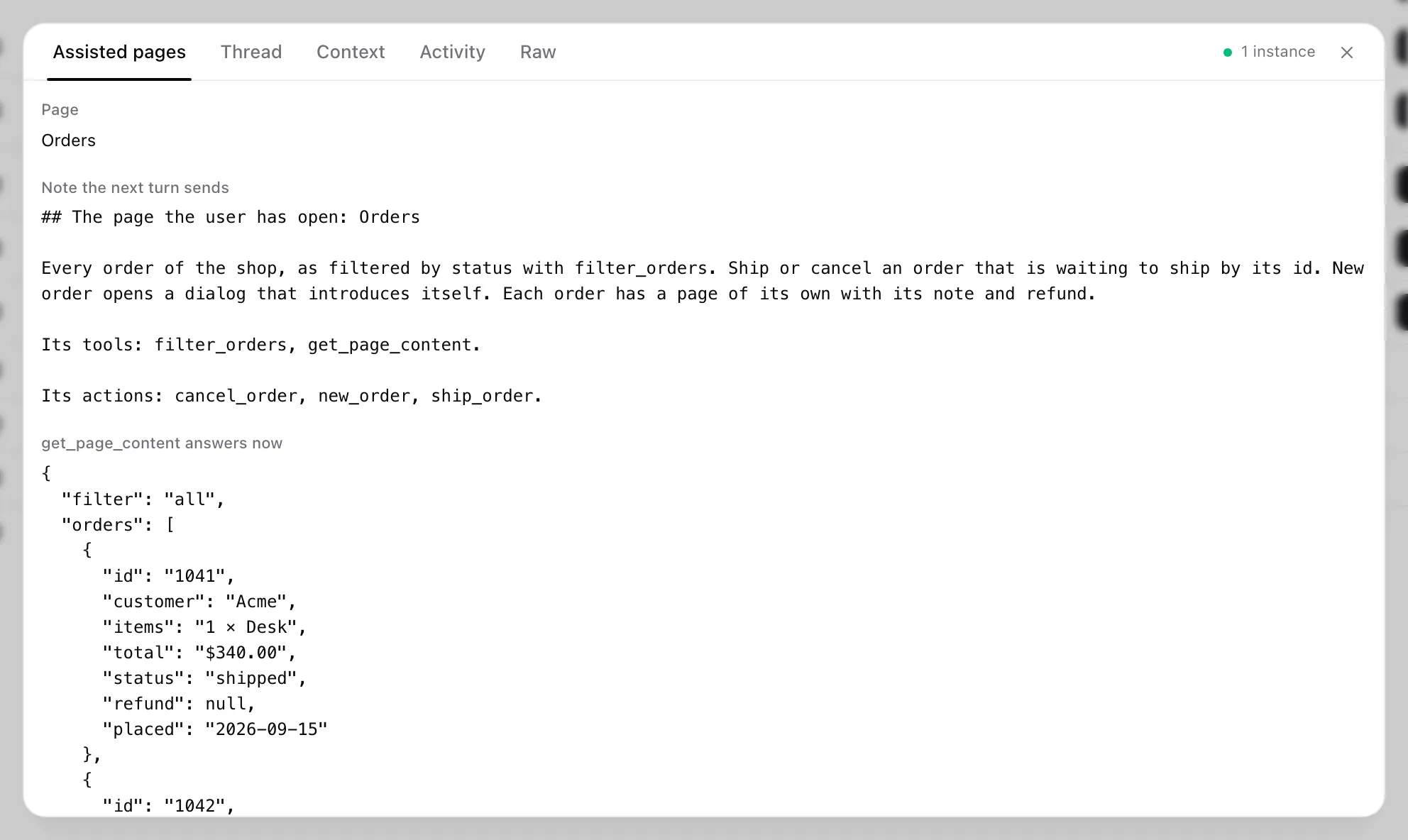 The devtools window on Orders with the Assisted pages tab open: the page's name, the note the next turn sends, and get_page_content's answer.