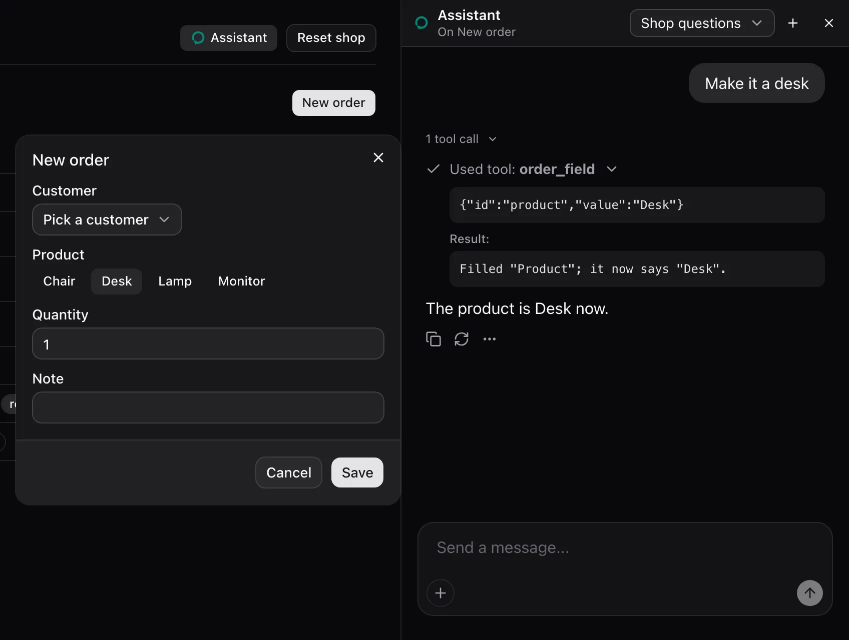 The New order dialog beside the sheet panel. The product picker's Desk button is selected, and the expanded order_field call answers Filled Product; it now says Desk.