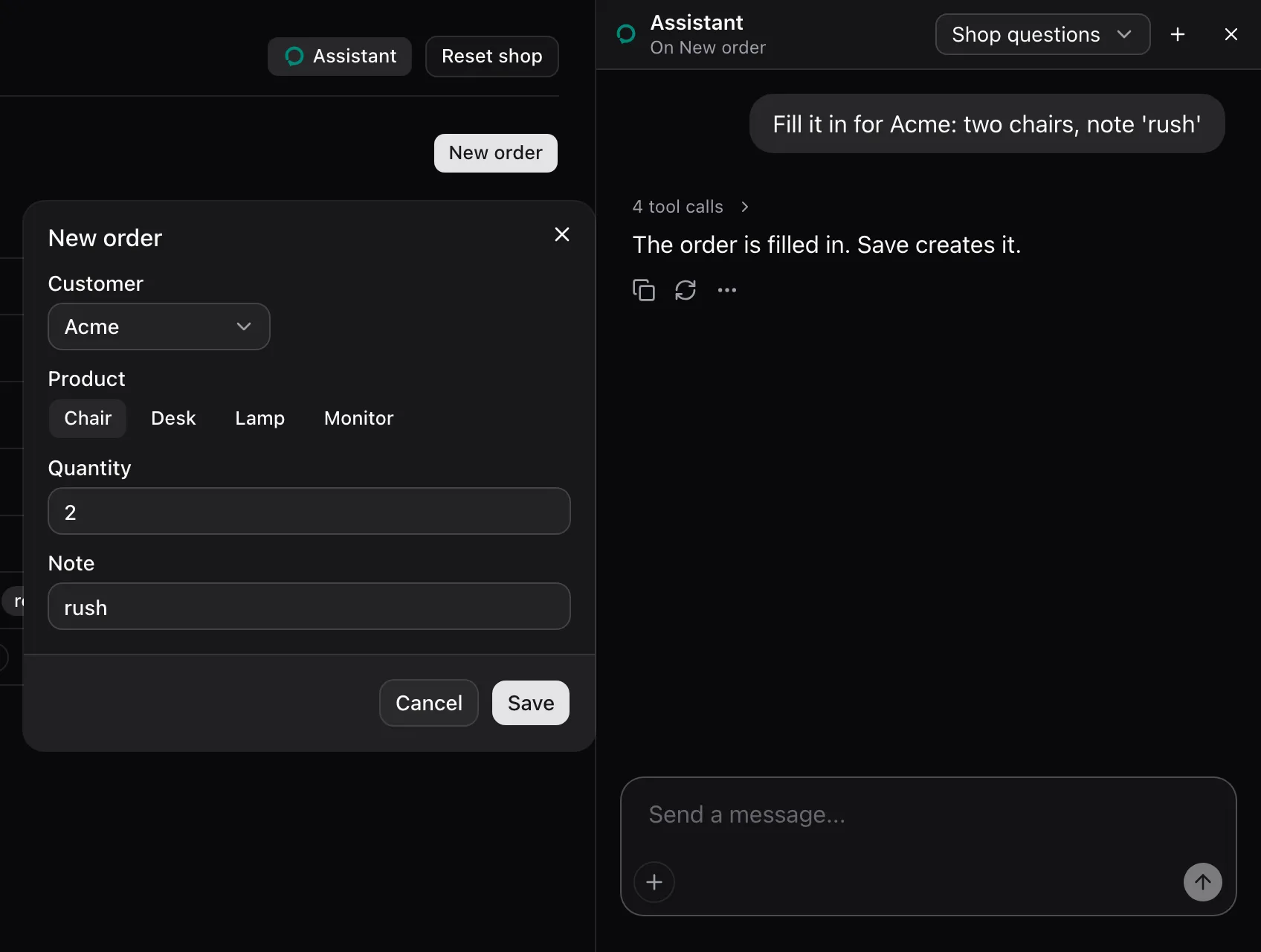 The New order dialog beside the sheet panel, filled with Acme, Chair, 2 and rush after four order_field calls.