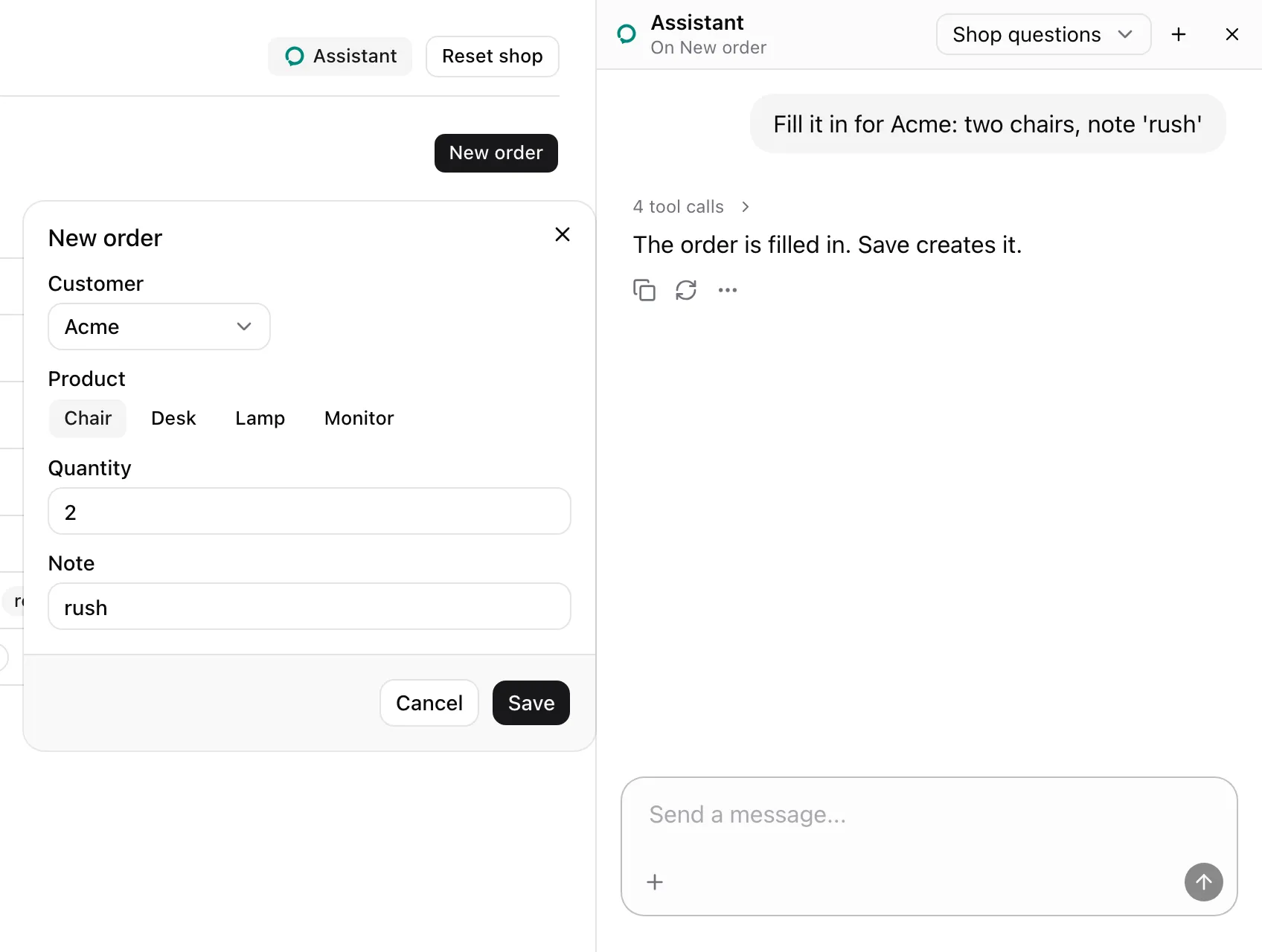 The New order dialog beside the sheet panel, filled with Acme, Chair, 2 and rush after four order_field calls.