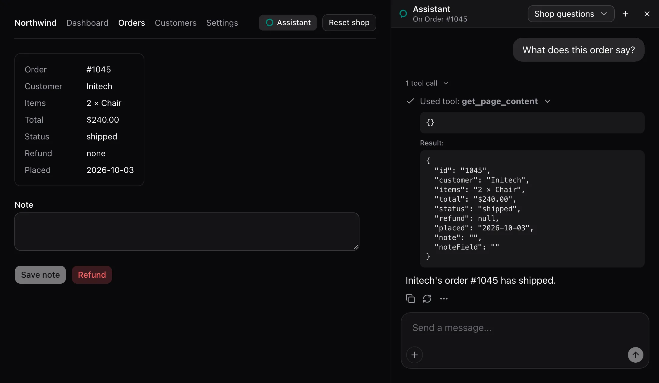 Order #1045 beside the sheet panel, headed On Order #1045. The expanded get_page_content call answers with the order as JSON.