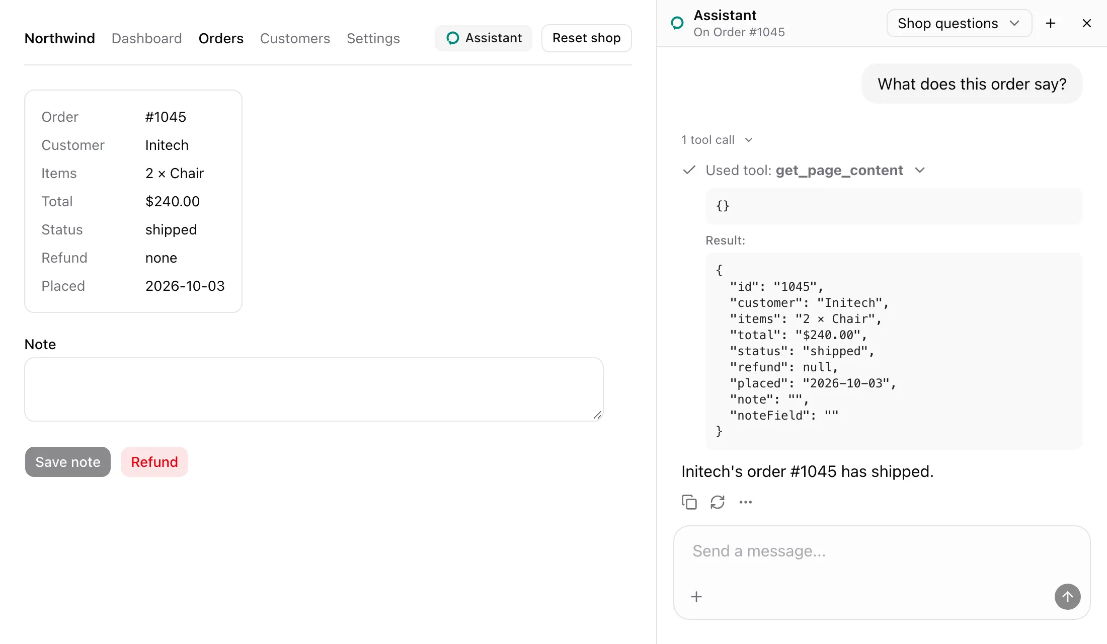 Order #1045 beside the sheet panel, headed On Order #1045. The expanded get_page_content call answers with the order as JSON.