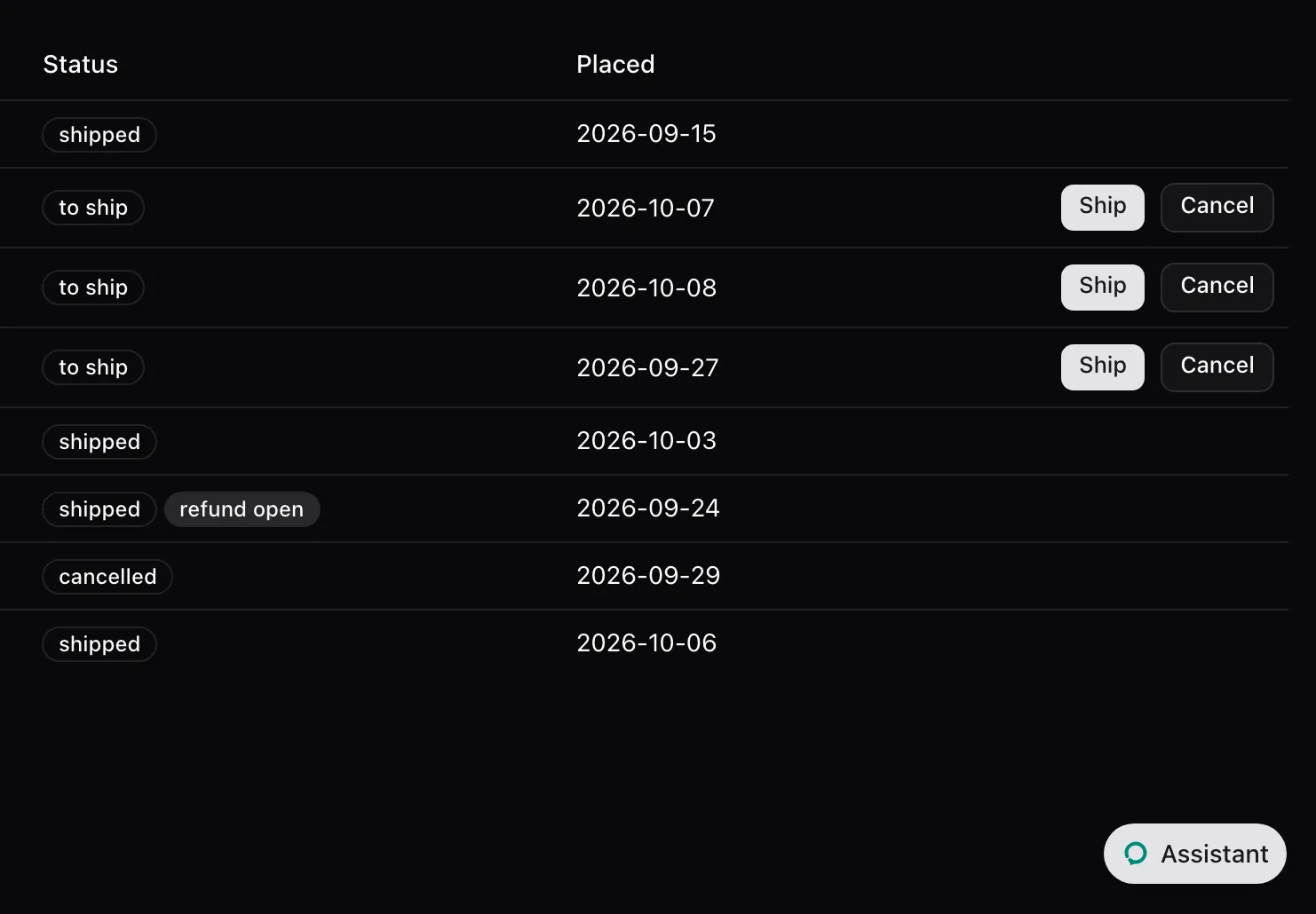 The Orders page with the panel closed: a rounded Assistant button in the bottom-right corner.