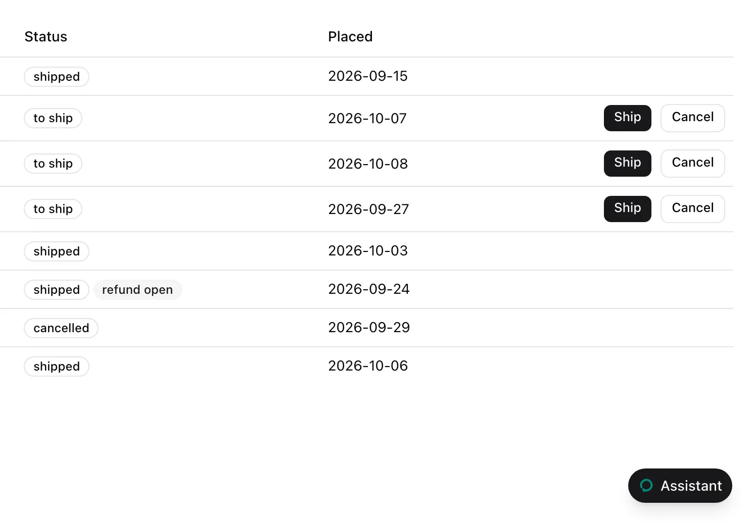 The Orders page with the panel closed: a rounded Assistant button in the bottom-right corner.