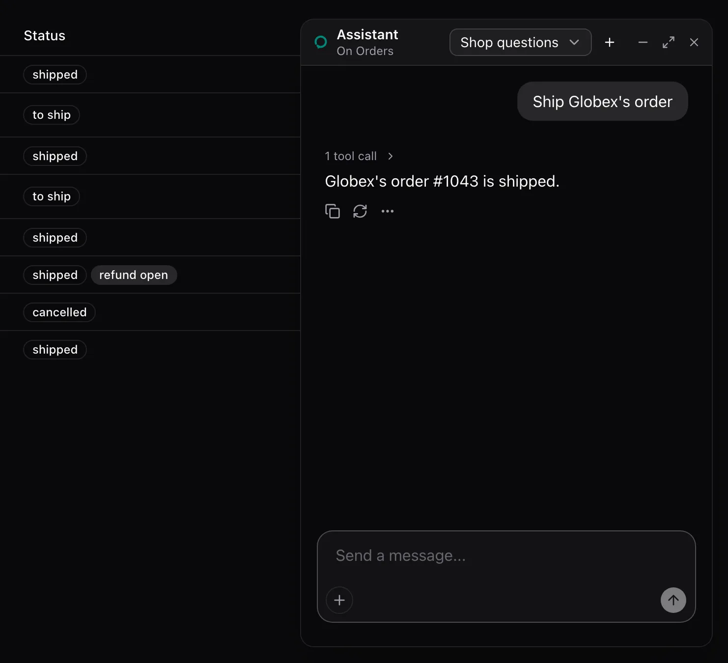 The floating panel over the Orders table, headed Assistant, On Orders, with the thread picker and window controls. The user asked to ship Globex's order and the assistant says it is shipped.
