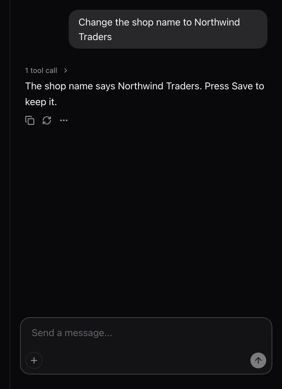 The embedded thread in a column beside Settings, with no header: the user asked to change the shop name and the assistant filled it.