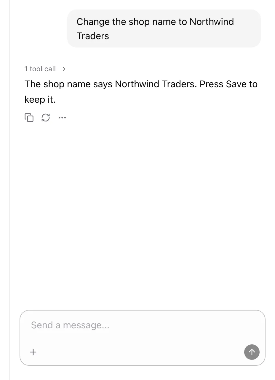 The embedded thread in a column beside Settings, with no header: the user asked to change the shop name and the assistant filled it.