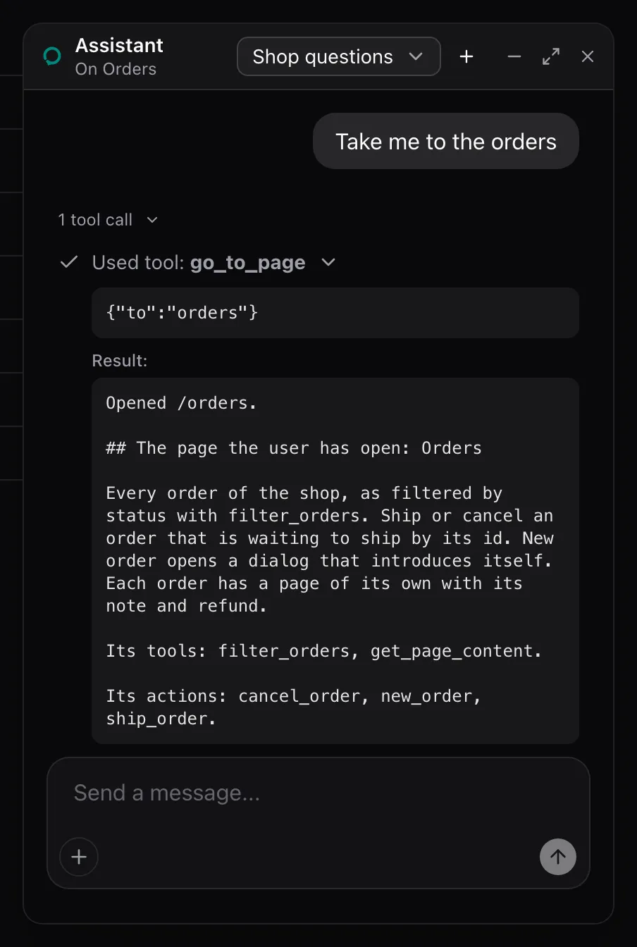 The floating panel, headed On Orders. The user asked to go to the orders, and the expanded go_to_page call answers with Opened /orders and the Orders page's note.