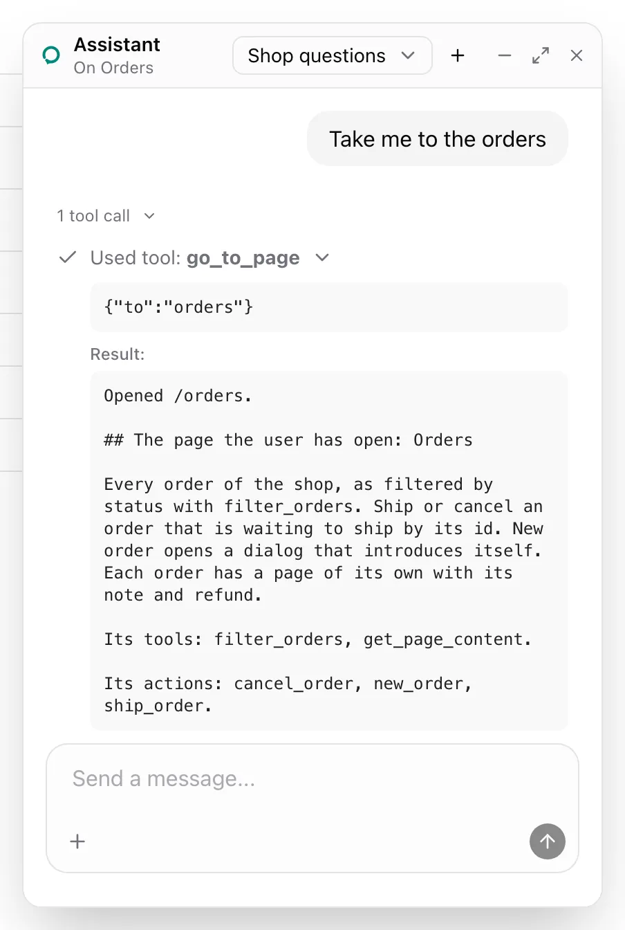 The floating panel, headed On Orders. The user asked to go to the orders, and the expanded go_to_page call answers with Opened /orders and the Orders page's note.