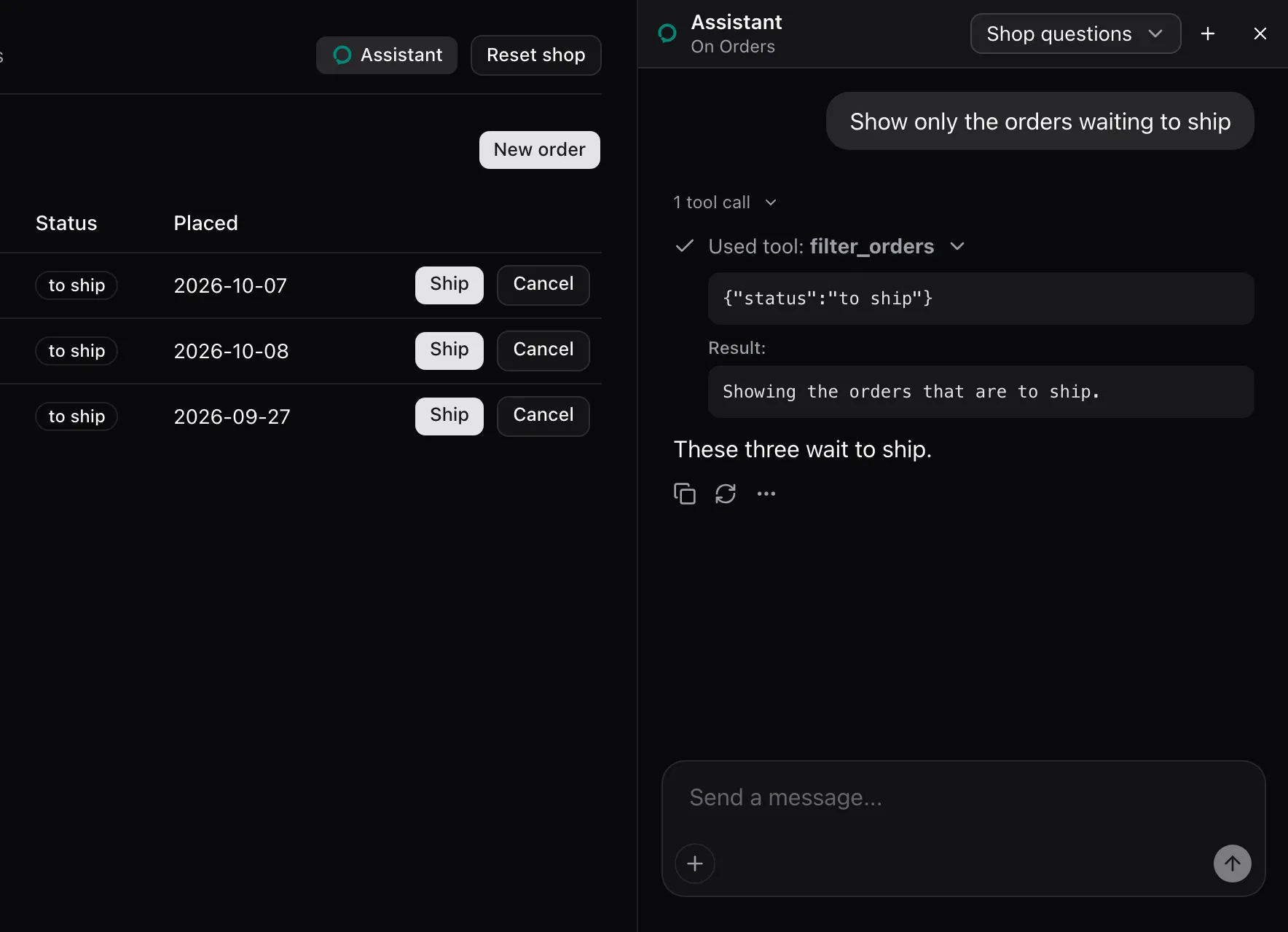 Orders beside the sheet panel, filtered to the three orders waiting to ship. The expanded filter_orders call answers Showing the orders that are to ship.
