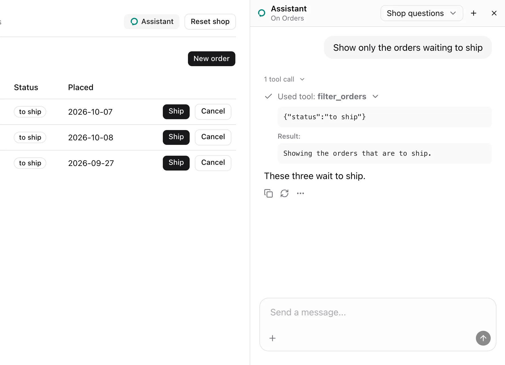 Orders beside the sheet panel, filtered to the three orders waiting to ship. The expanded filter_orders call answers Showing the orders that are to ship.